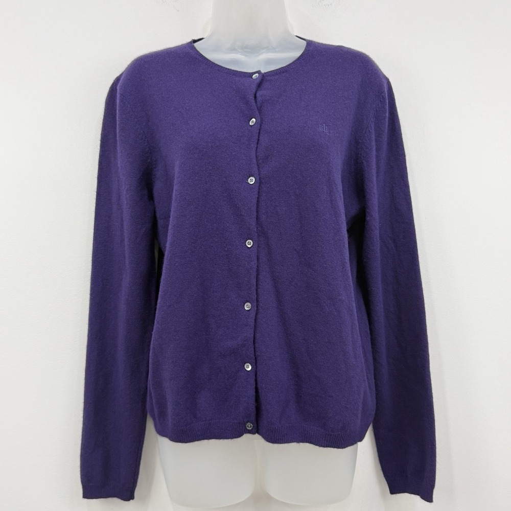 VTG 90s Lauren Ralph Lauren Cardigan L Purple Cashmere Wool Angora Old Money